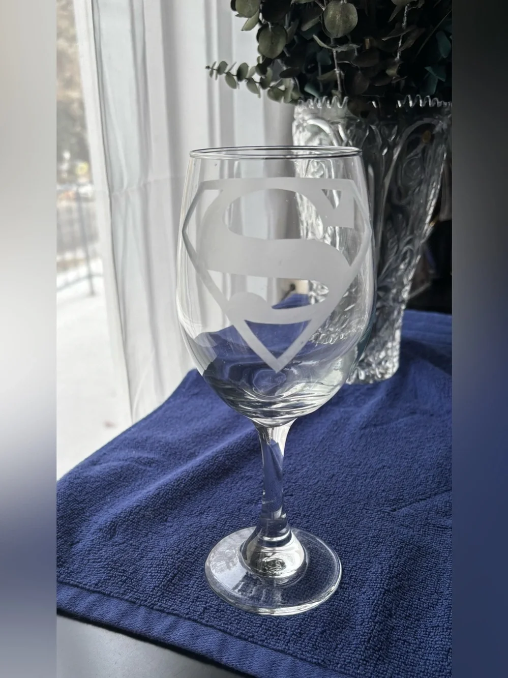 Superman Custom hand-etched stemmed Wine Goblet glass!